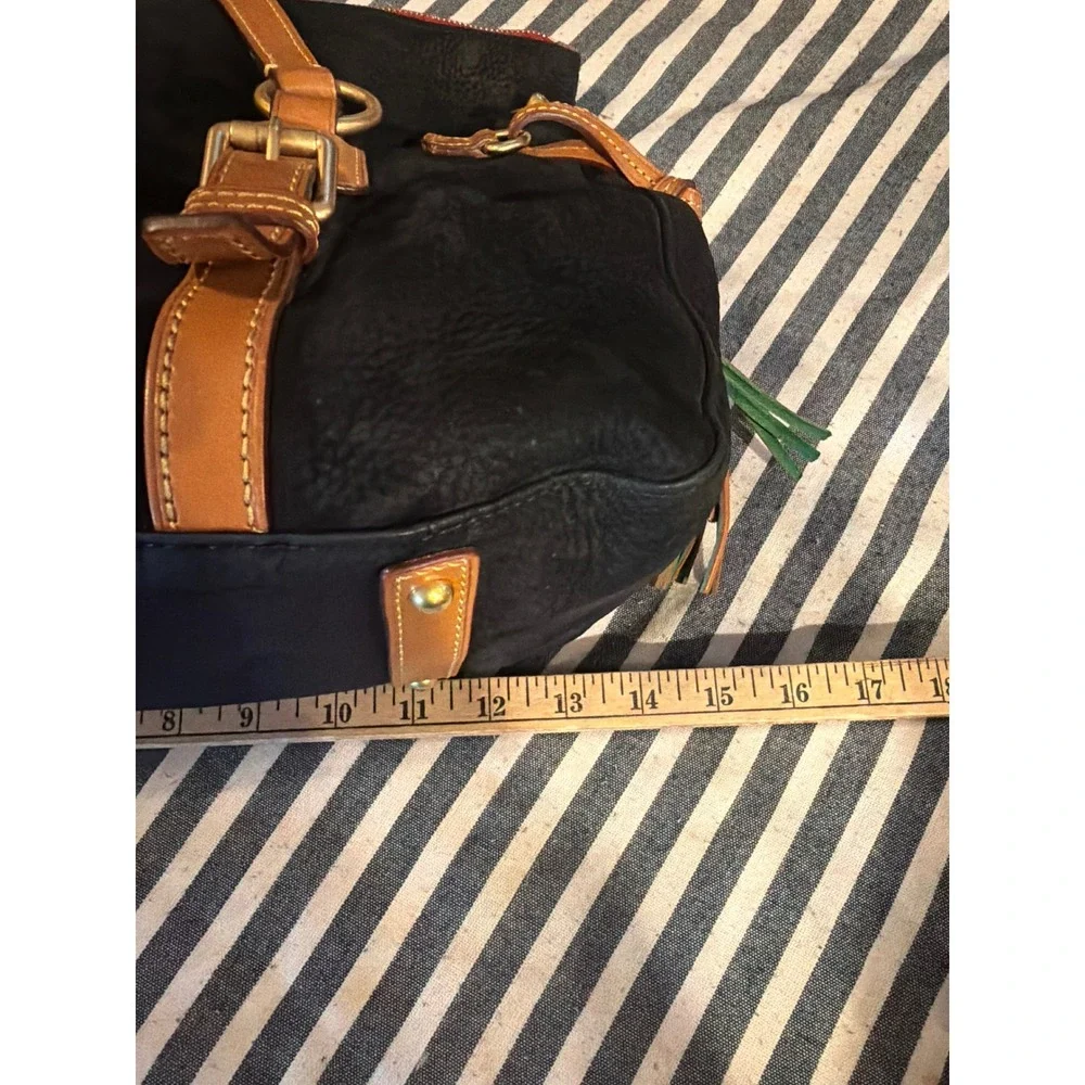 Dooney & Bourke Black Florentine Leather Satchel Bag Ginger Trim Tassel Large